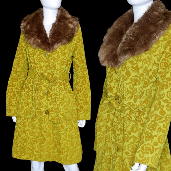 Y2K Merona Brocade Jacquard Damask Gold Coat Faux Fur Collar Penny Lane Tapestry - Picture 2 of 10
